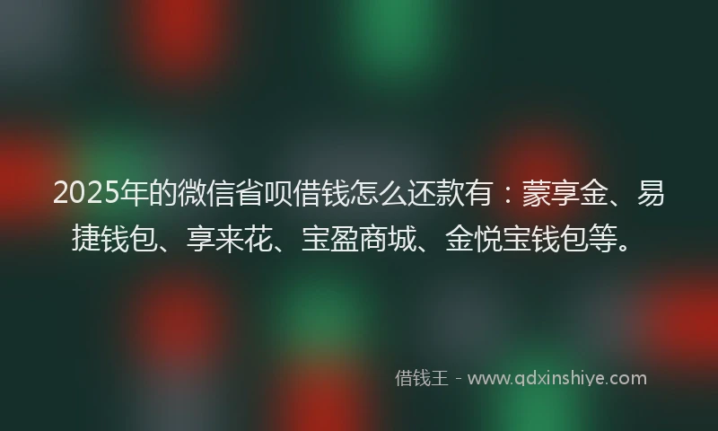 2025年的微信省呗借钱怎么还款有：蒙享金、易捷钱包、享来花、宝盈商城、金悦宝钱包等。