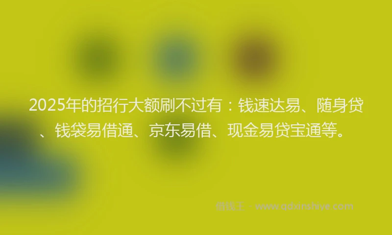 2025年的招行大额刷不过有：钱速达易、随身贷、钱袋易借通、京东易借、现金易贷宝通等。