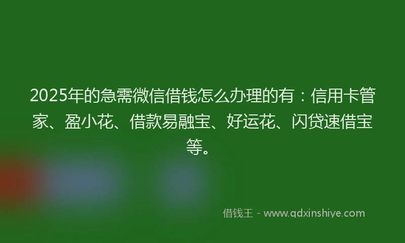 2025年的急需微信借钱怎么办理的有：信用卡管家、盈小花、借款易融宝、好运花、闪贷速借宝等。