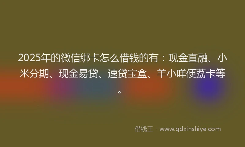 2025年的微信绑卡怎么借钱的有：现金直融、小米分期、现金易贷、速贷宝盒、羊小咩便荔卡等。