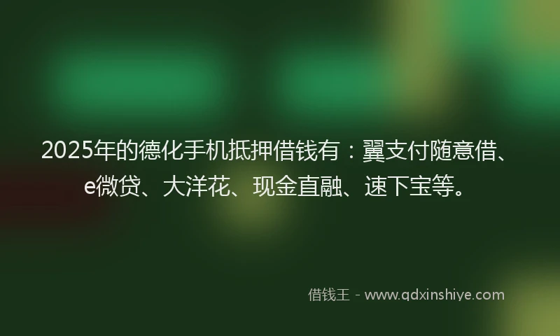 2025年的德化手机抵押借钱有：翼支付随意借、e微贷、大洋花、现金直融、速下宝等。