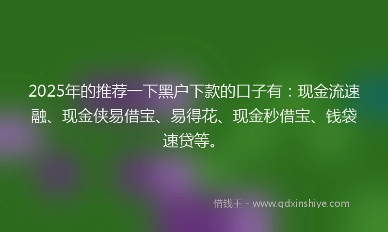 2025年的推荐一下黑户下款的口子有：现金流速融、现金侠易借宝、易得花、现金秒借宝、钱袋速贷等。
