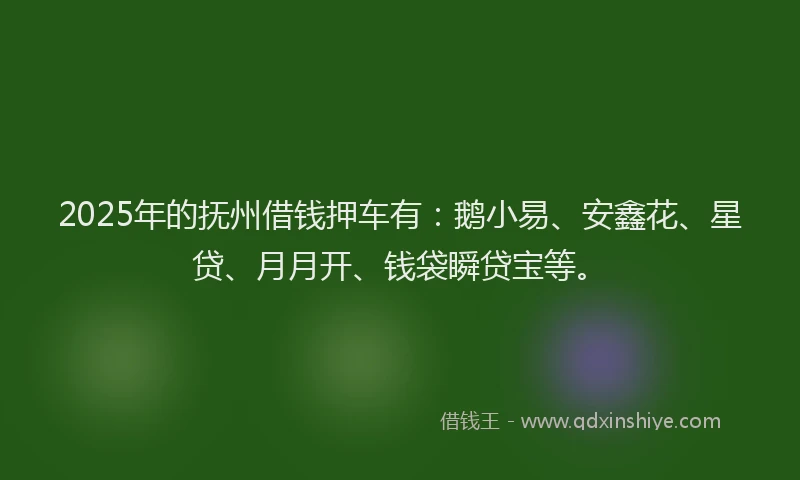 2025年的抚州借钱押车有：鹅小易、安鑫花、星贷、月月开、钱袋瞬贷宝等。