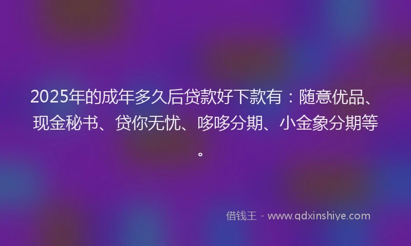 2025年的成年多久后贷款好下款有：随意优品、现金秘书、贷你无忧、哆哆分期、小金象分期等。