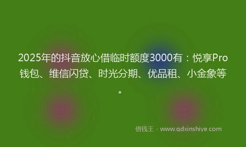 2025年的抖音放心借临时额度3000有：悦享Pro钱包、维信闪贷、时光分期、优品租、小金象等。