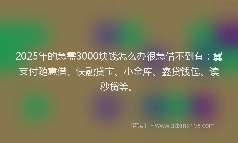 2025年的急需3000块钱怎么办很急借不到有：翼支付随意借、快融贷宝、小金库、鑫贷钱包、读秒贷等。