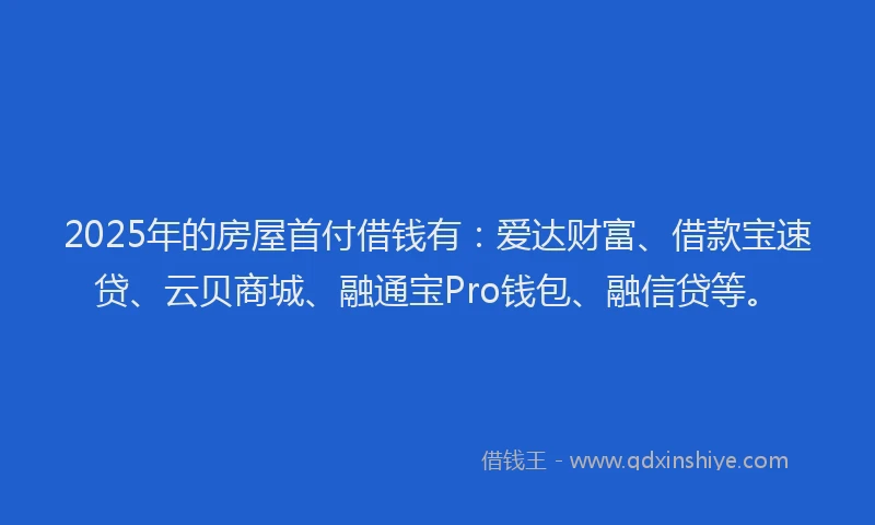 2025年的房屋首付借钱有：爱达财富、借款宝速贷、云贝商城、融通宝Pro钱包、融信贷等。