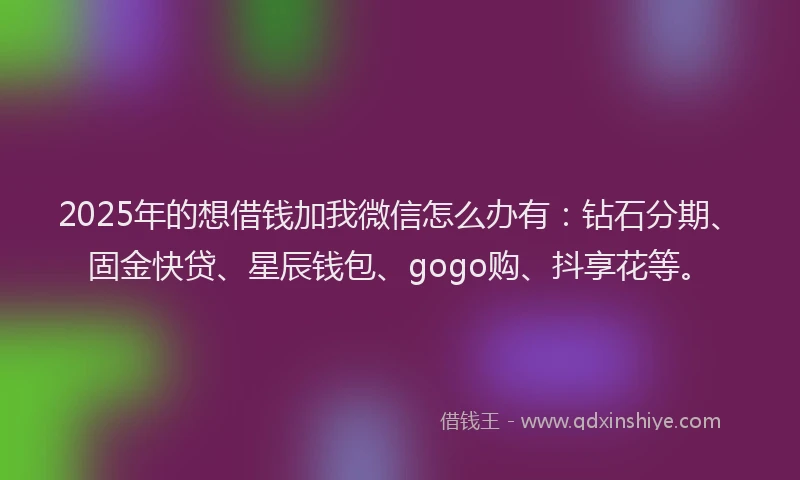 2025年的想借钱加我微信怎么办有：钻石分期、固金快贷、星辰钱包、gogo购、抖享花等。