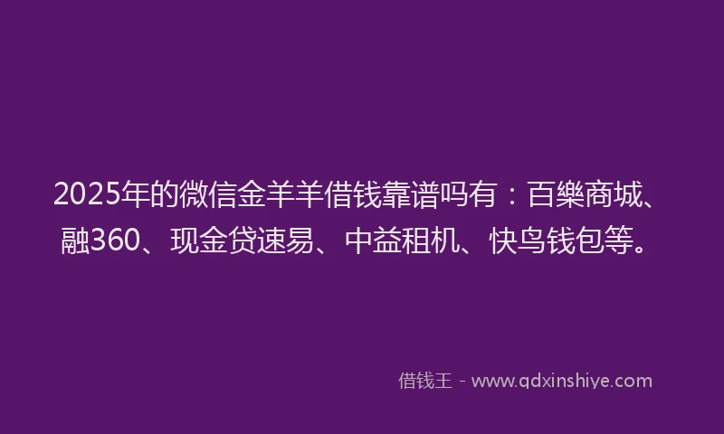 2025年的微信金羊羊借钱靠谱吗有：百樂商城、融360、现金贷速易、中益租机、快鸟钱包等。