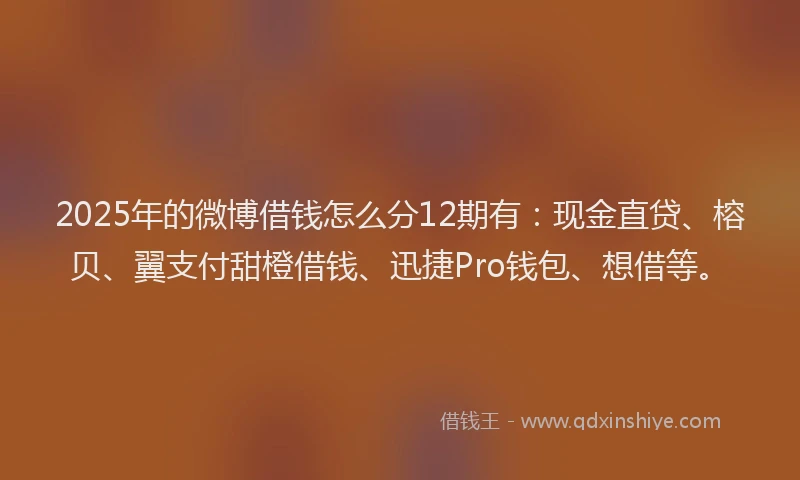 2025年的微博借钱怎么分12期有：现金直贷、榕贝、翼支付甜橙借钱、迅捷Pro钱包、想借等。