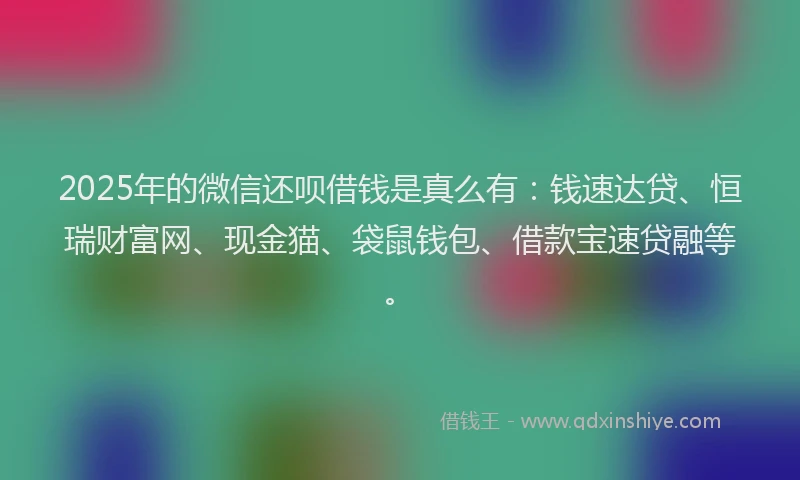 2025年的微信还呗借钱是真么有：钱速达贷、恒瑞财富网、现金猫、袋鼠钱包、借款宝速贷融等。