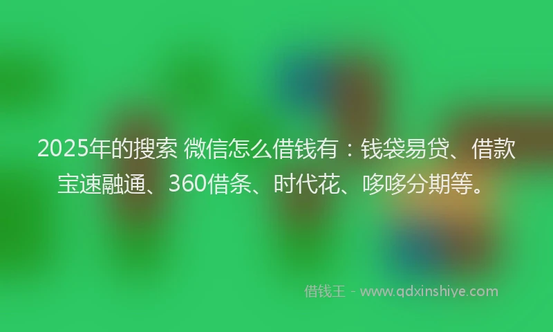 2025年的搜索 微信怎么借钱有：钱袋易贷、借款宝速融通、360借条、时代花、哆哆分期等。