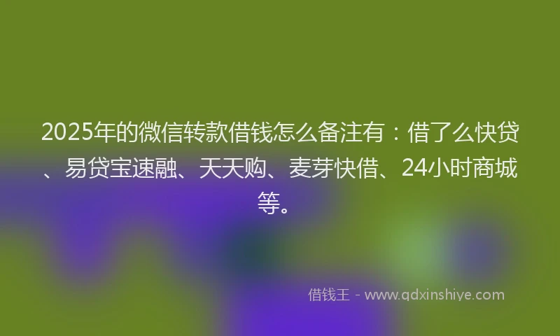 2025年的微信转款借钱怎么备注有：借了么快贷、易贷宝速融、天天购、麦芽快借、24小时商城等。