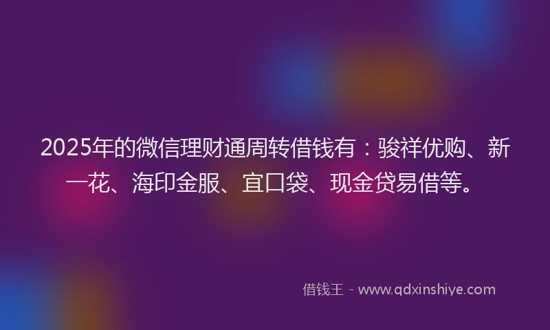 2025年的微信理财通周转借钱有：骏祥优购、新一花、海印金服、宜口袋、现金贷易借等。