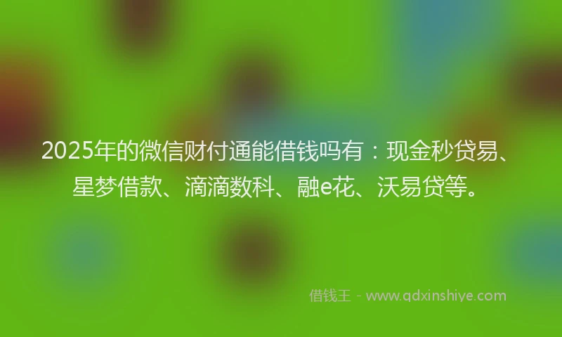 2025年的微信财付通能借钱吗有：现金秒贷易、星梦借款、滴滴数科、融e花、沃易贷等。