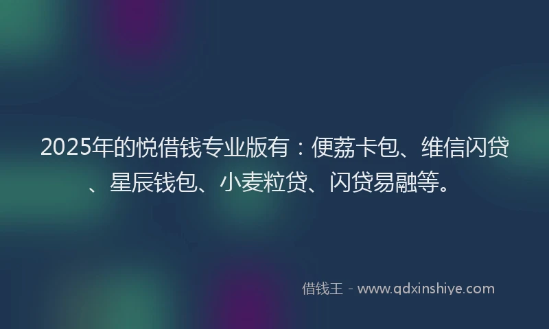 2025年的悦借钱专业版有：便荔卡包、维信闪贷、星辰钱包、小麦粒贷、闪贷易融等。