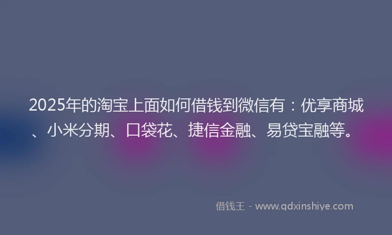 2025年的淘宝上面如何借钱到微信有:优享商城、小米分期、口袋花、捷信金融、易贷宝融等。