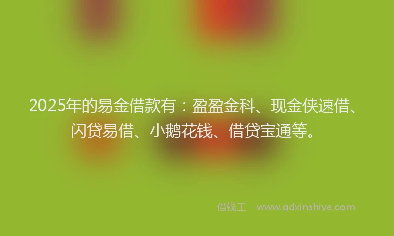 2025年的易金借款有：盈盈金科、现金侠速借、闪贷易借、小鹅花钱、借贷宝通等。