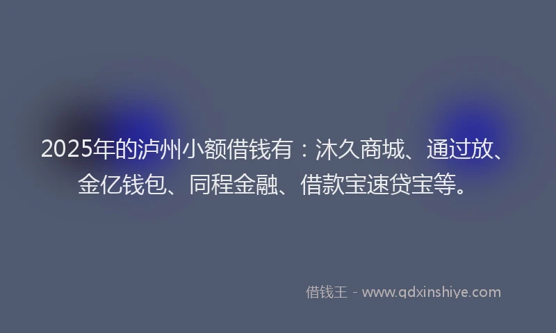 2025年的泸州小额借钱有：沐久商城、通过放、金亿钱包、同程金融、借款宝速贷宝等。
