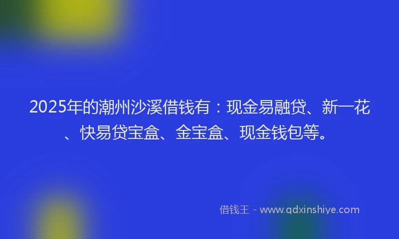 2025年的潮州沙溪借钱有：现金易融贷、新一花、快易贷宝盒、金宝盒、现金钱包等。