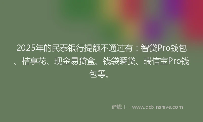 2025年的民泰银行提额不通过有：智贷Pro钱包、桔享花、现金易贷盒、钱袋瞬贷、瑞信宝Pro钱包等。