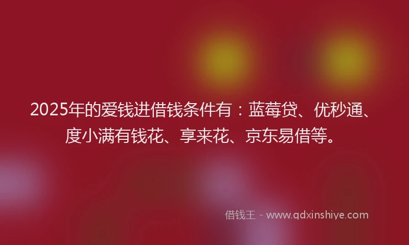 2025年的爱钱进借钱条件有：蓝莓贷、优秒通、度小满有钱花、享来花、京东易借等。