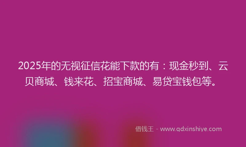 2025年的无视征信花能下款的有：现金秒到、云贝商城、钱来花、招宝商城、易贷宝钱包等。