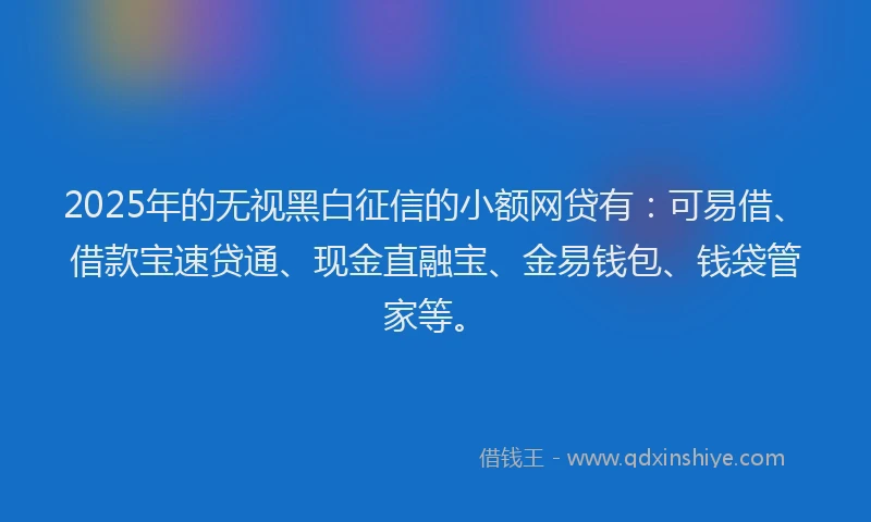 2025年的无视黑白征信的小额网贷有：可易借、借款宝速贷通、现金直融宝、金易钱包、钱袋管家等。