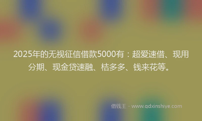 2025年的无视征信借款5000有：超爱速借、现用分期、现金贷速融、桔多多、钱来花等。