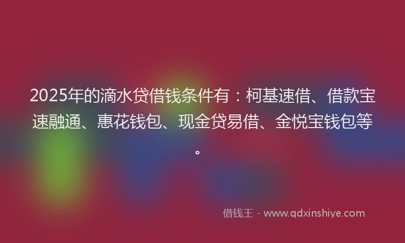 2025年的滴水贷借钱条件有：柯基速借、借款宝速融通、惠花钱包、现金贷易借、金悦宝钱包等。