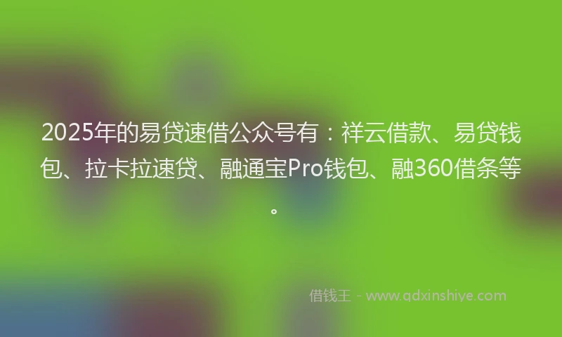 2025年的易贷速借公众号有：祥云借款、易贷钱包、拉卡拉速贷、融通宝Pro钱包、融360借条等。