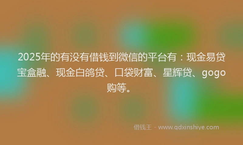 2025年的有没有借钱到微信的平台有：现金易贷宝盒融、现金白鸽贷、口袋财富、星辉贷、gogo购等。