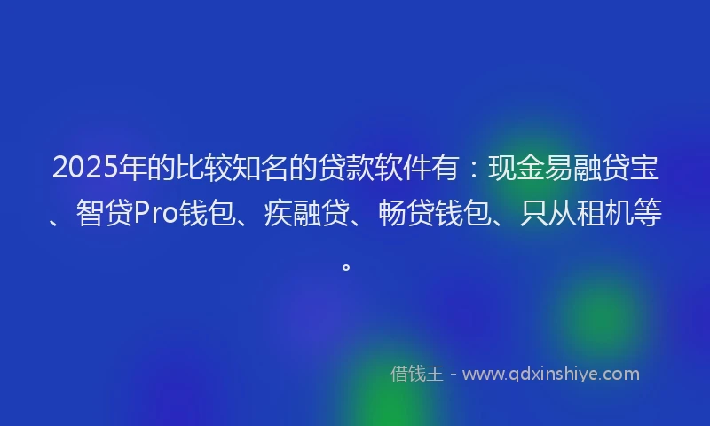2025年的比较知名的贷款软件有：现金易融贷宝、智贷Pro钱包、疾融贷、畅贷钱包、只从租机等。