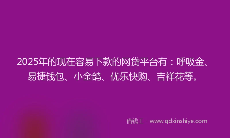 2025年的现在容易下款的网贷平台有：呼吸金、易捷钱包、小金鸽、优乐快购、吉祥花等。