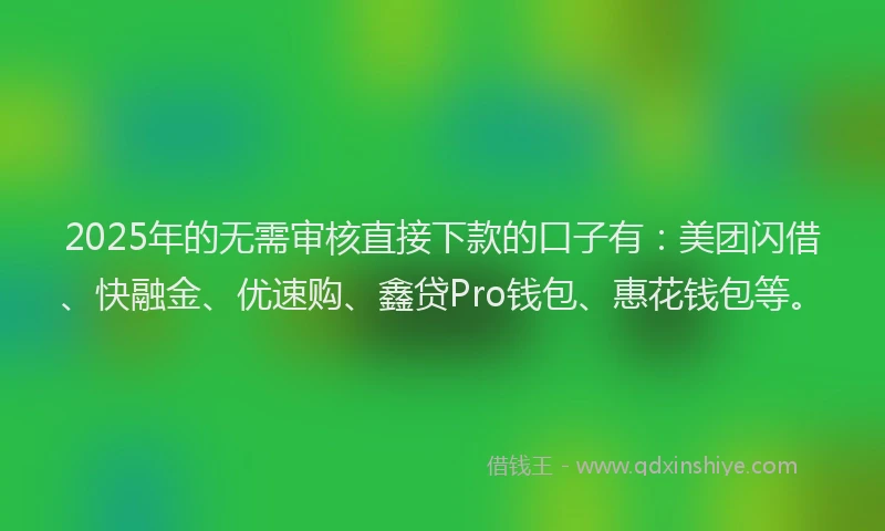 2025年的无需审核直接下款的口子有：美团闪借、快融金、优速购、鑫贷Pro钱包、惠花钱包等。