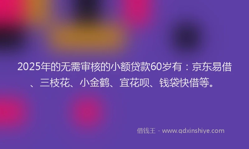 2025年的无需审核的小额贷款60岁有：京东易借、三枝花、小金鹤、宜花呗、钱袋快借等。