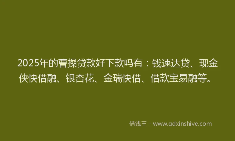 2025年的曹操贷款好下款吗有：钱速达贷、现金侠快借融、银杏花、金瑞快借、借款宝易融等。
