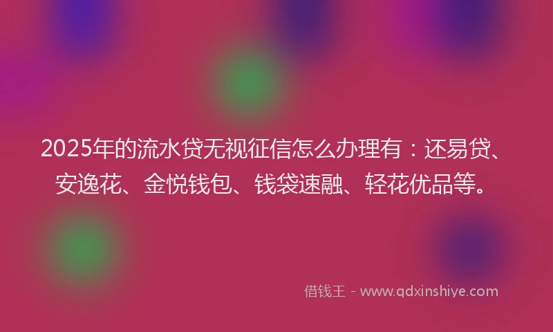 2025年的流水贷无视征信怎么办理有：还易贷、安逸花、金悦钱包、钱袋速融、轻花优品等。