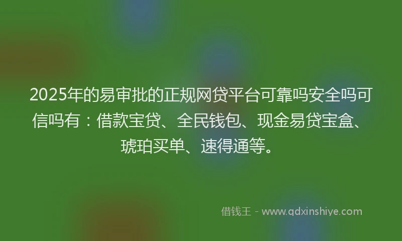 2025年的易审批的正规网贷平台可靠吗安全吗可信吗有：借款宝贷、全民钱包、现金易贷宝盒、琥珀买单、速得通等。