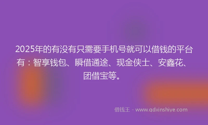 2025年的有没有只需要手机号就可以借钱的平台有：智享钱包、瞬借通途、现金侠士、安鑫花、团借宝等。