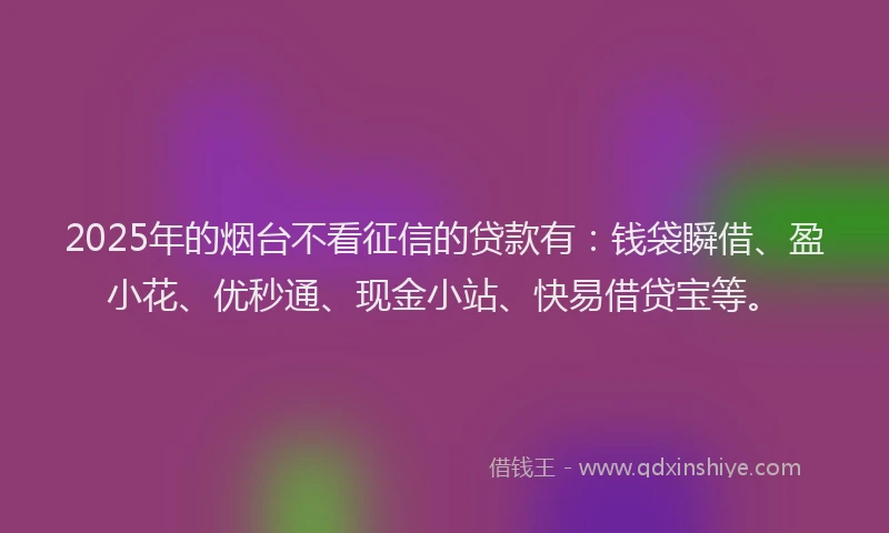 2025年的烟台不看征信的贷款有：钱袋瞬借、盈小花、优秒通、现金小站、快易借贷宝等。