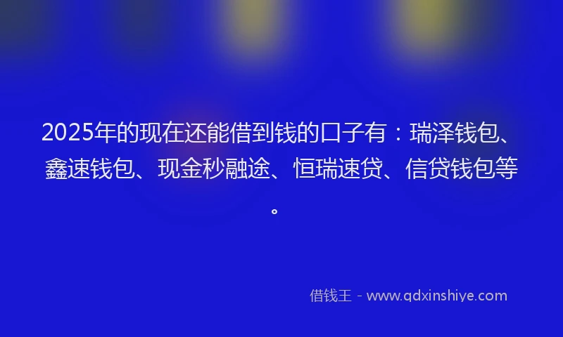 2025年的现在还能借到钱的口子有：瑞泽钱包、鑫速钱包、现金秒融途、恒瑞速贷、信贷钱包等。