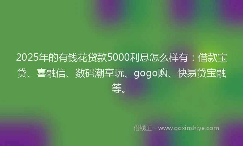 2025年的有钱花贷款5000利息怎么样有：借款宝贷、喜融信、数码潮享玩、gogo购、快易贷宝融等。