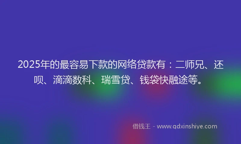 2025年的最容易下款的网络贷款有：二师兄、还呗、滴滴数科、瑞雪贷、钱袋快融途等。