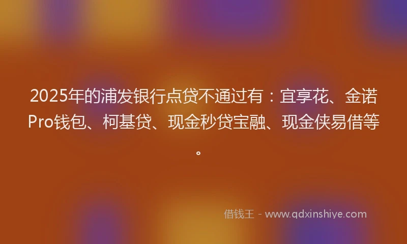 2025年的浦发银行点贷不通过有：宜享花、金诺Pro钱包、柯基贷、现金秒贷宝融、现金侠易借等。