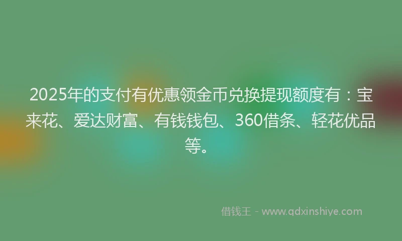 2025年的支付有优惠领金币兑换提现额度有：宝来花、爱达财富、有钱钱包、360借条、轻花优品等。