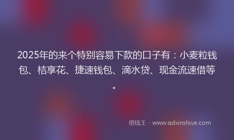 2025年的来个特别容易下款的口子有：小麦粒钱包、桔享花、捷速钱包、滴水贷、现金流速借等。