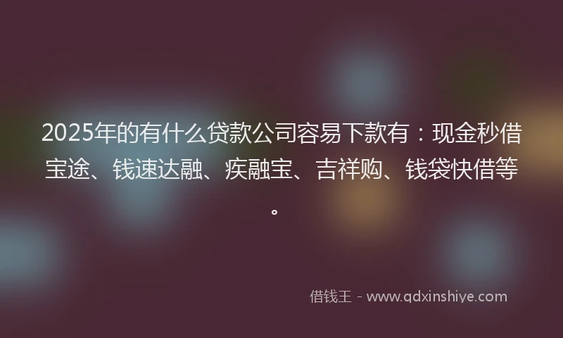 2025年的有什么贷款公司容易下款有：现金秒借宝途、钱速达融、疾融宝、吉祥购、钱袋快借等。