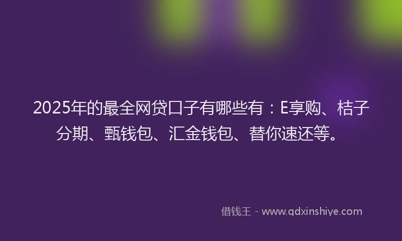 2025年的最全网贷口子有哪些有：E享购、桔子分期、甄钱包、汇金钱包、替你速还等。