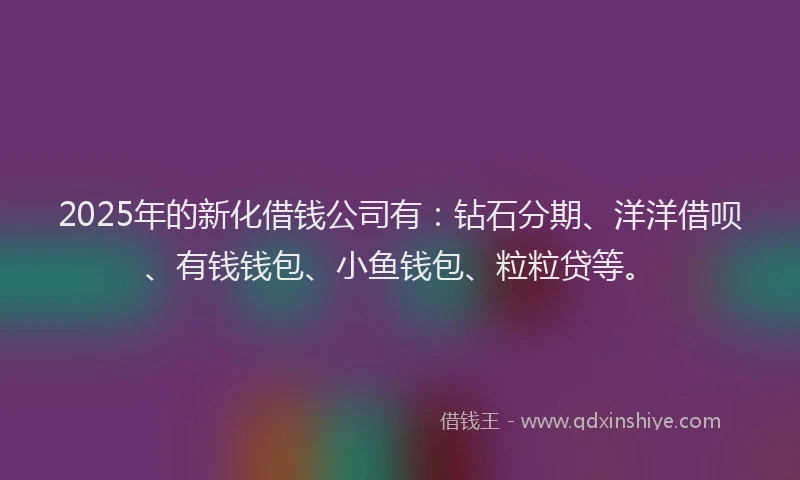 2025年的新化借钱公司有：钻石分期、洋洋借呗、有钱钱包、小鱼钱包、粒粒贷等。
